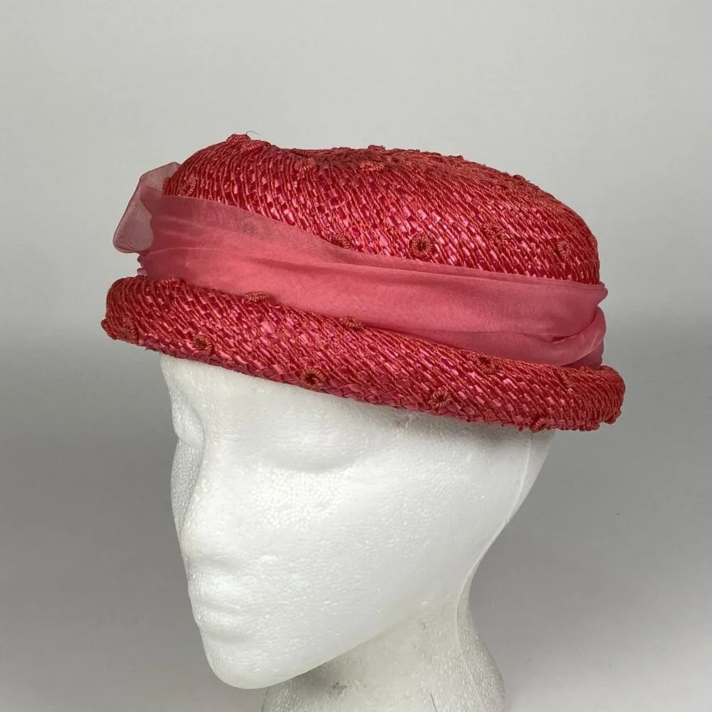 Vintage Lazarus Paris Pink Straw Raffia Hat Sheer Ribbon & Bow Accent Millinery